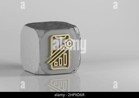 Symbol „Kryptowährungsstatistik NACH OBEN“. Wunderschöne Symbole für goldene Kryptowährungen auf einem Beton-Würfel und weißem Keramikhintergrund. 3D Rendering illustrationo Stockfoto