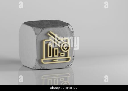 Symbol für „Statistik der Kryptowährung abwärts“. Wunderschöne Symbole für goldene Kryptowährungen auf einem Beton-Würfel und weißem Keramikhintergrund. 3D Rendering Illustrat Stockfoto