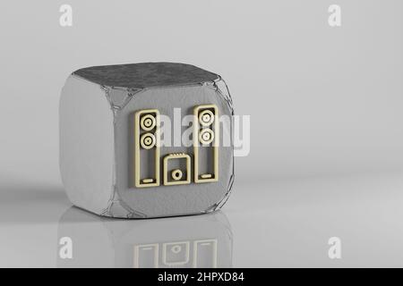 Soundsystem mit großem Lautsprechersymbol. Schöne goldene Musik Symbol Symbole auf einem Beton Würfel und weißem Keramik Hintergrund. 3D Rendering-Illustration. Zurück Stockfoto