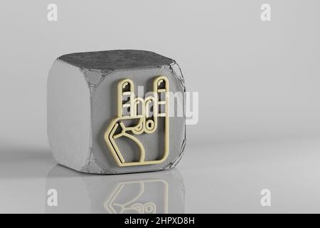 Rock and Roll-Symbol. Schöne goldene Musik Symbol Symbole auf einem Beton Würfel und weißem Keramik Hintergrund. 3D Rendering-Illustration. Hintergrundmuster für Stockfoto