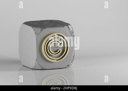 Symbol für Wiederholungsschaltfläche. Schöne goldene Musik Symbol Symbole auf einem Beton Würfel und weißem Keramik Hintergrund. 3D Rendering-Illustration. Hintergrundmuster für Stockfoto