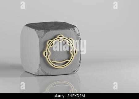 Große Tamburin-Ikone. Schöne goldene Musik Symbol Symbole auf einem Beton Würfel und weißem Keramik Hintergrund. 3D Rendering-Illustration. Hintergrundmuster f Stockfoto