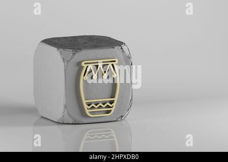 Großes Bongo-Symbol. Schöne goldene Musik Symbol Symbole auf einem Beton Würfel und weißem Keramik Hintergrund. 3D Rendering-Illustration. Hintergrundmuster für de Stockfoto