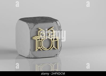 Trommelkit-Symbol. Schöne goldene Musik Symbol Symbole auf einem Beton Würfel und weißem Keramik Hintergrund. 3D Rendering-Illustration. Hintergrundmuster für de Stockfoto