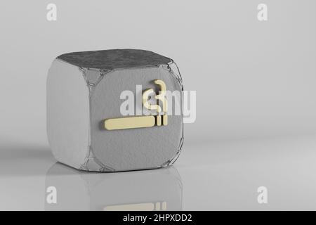 Rauchersymbol. Schöne goldene Symbol-Symbole auf einem Beton-Würfel und weißem Keramikhintergrund. 3D Rendering-Illustration. Hintergrundmuster für Design. Stockfoto