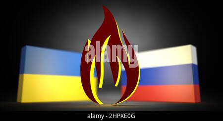 Ukraine - Russland Krieg. Ukrainische vs russische Flaggenflamme Symbol in 3D Render. Zollhandelskrise, diplomatische Beziehungen, Strategie. Abbildung für Web Stockfoto