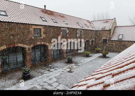 East Lothian, Schottland, Großbritannien, 24.. Februar 2022. UK Wetter: Schnee fällt im Winter auf umgebaute Steadehäuser Stockfoto