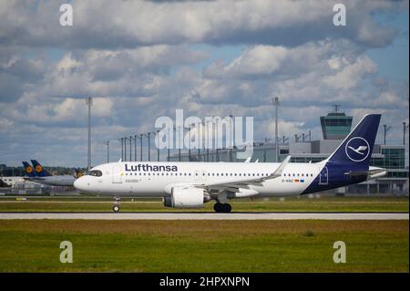 München, Deutschland - September 30. 2021: Lufthansa Airbus A320-271N mit der Flugzeugregistrierung startet D-AINZ auf der Südbahn 26L der M Stockfoto