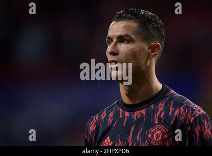 MADRID, SPANIEN - 23. FEBRUAR: Cristiano Ronaldo von Manchester United während der UEFA Champions League Runde von Sixteen Leg One Spiel zwischen Atletico Madrid und Manchester United in Wanda Metropolitano am 23. Februar 2022 in Madrid, Spanien. (Foto nach MB-Medien) Stockfoto