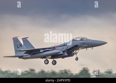 US F15 Eagle landet bei RAF Lakenheath 2022 Stockfoto