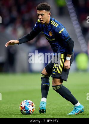 Madrid, Madrid, Spanien. 24th. Februar 2022. JADON SANCHO von Manchester United beim Champions-League-Fußballspiel zwischen Atletico de Madrid und Manchester United im Wanda Metropolitano Stadium in Madrid, Spanien, 23. Februar 2022 (Bildnachweis: © Ruben Albarran/ZUMA Press Wire) Stockfoto