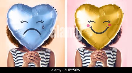 Drehe das Stirnrunzeln um. Kurzer Schuss einer jungen Frau, die einen herzförmigen Ballon in der Hand hält. Stockfoto