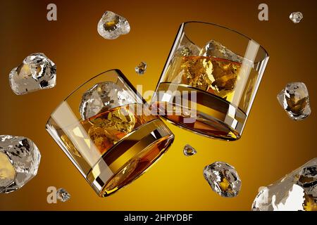 Zwei Whiskey-Gläser mit Eiswürfeln, die in der Luft schweben - 3D Illustration Stockfoto