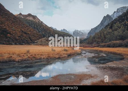 Panoramablick auf die Yading Chonggu Wiese in Daocheng, Ganzi, Sichuan, China Stockfoto