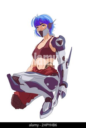 Weibliche Anime Krieger Charakter isoliert auf einem weißen Hintergrund Stockfoto