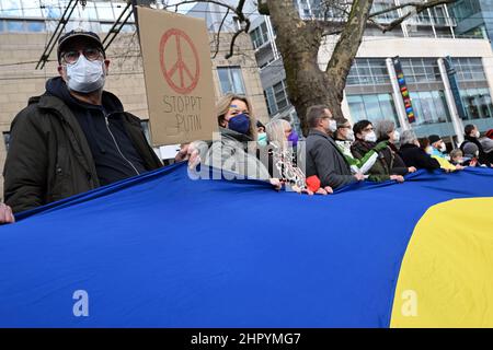 Köln, Deutschland. 24th. Februar 2022. Ein Demonstrator hält ein Schild mit der Aufschrift „Stop Putin“ in den Händen. Mehrere hundert Menschen demonstrieren auf dem Neumarkt gegen den Angriff Russlands auf die Ukraine. Quelle: Federico Gambarini/dpa/Alamy Live News Stockfoto