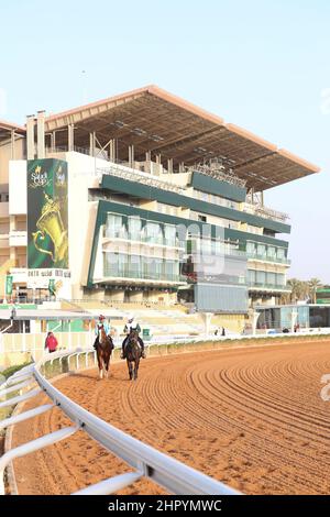 Riad, USA. 24th. Februar 2022. 24. Februar 2022:Pferde-Übungen zur Vorbereitung auf der King Abdulaziz Racecourse in Riad, Saudi-Arabien, am 24th. Februar 2022. Shamela Hanley/Eclipse Sportswire/CSM/Alamy Live News Stockfoto