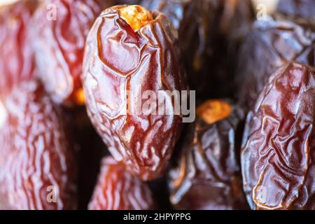 Nahaufnahme der getrockneten Datteln Früchte. Stockfoto