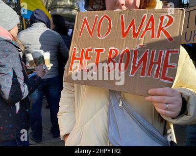 Ukrainer versammelten sich vor dem irischen parlament in Dublin, um gegen die russische Invasion ihres Landes zu protestieren. Bilddatum: Donnerstag, 24. Februar 2022. Stockfoto