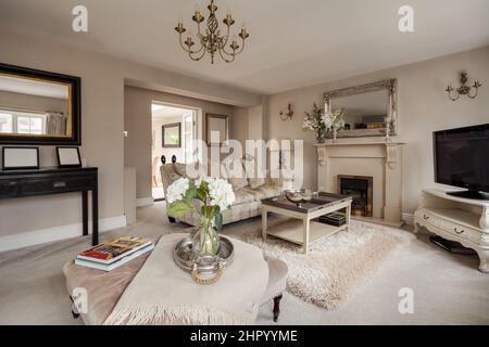 Schönes, stilvolles, modernes Wohnzimmer mit traditionellen Möbeln und Kamin. Stockfoto