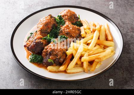 Ochsenschwanz in Sauce Rabo de toro serviert mit pommes auf weißem Teller auf dem Betontisch. Spanisches Gericht. Horizontal Stockfoto