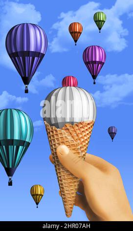 Ein leerer Waffelkegel für Eiscreme sieht in dieser 3-d-Illustration wie ein Genuss bei einem Heißluftballonfestival aus. Stockfoto