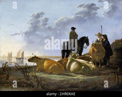 Aelbert Cuyp. Gemälde mit dem Titel 'Bauern und Vieh am Fluss Merwede' des niederländischen Malers des Goldenen Zeitalters, Aelbert Jacobszoon Cuyp (1620-1691), Öl auf Eiche, 1658-60 Stockfoto