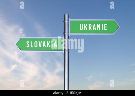 Zeichen, das die Richtung der Grenzen zwischen zwei Ländern SLOWAKEI, UKRAINE 3D Krieg zu machen. Stockfoto