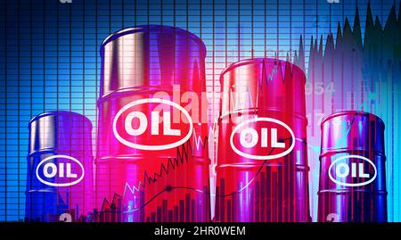 Das Konzept des steigenden Ölpreises als Gasolentrommel, in dem Erdöl mit der schwarzen Flüssigkeit verschüttet wird, ist als Grafik des Aktienmarktes nach oben geformt. Stockfoto