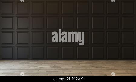 Schwarze quadratische dekorative Wandpaneele mit Holzparkett Leerraum Konzept 3D Illustration Stockfoto