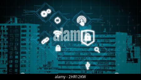 Bild von digitalen Ikonen über dem Stadtbild Stockfoto