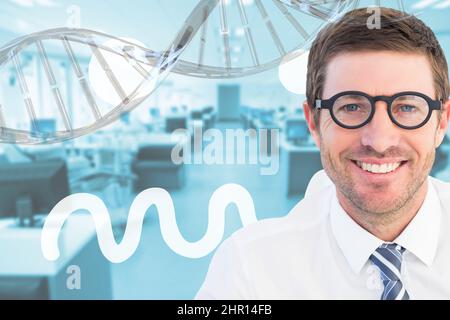 Zusammengesetztes Bild eines kaukasischen männlichen Arztes, der gegen die dna-Struktur und das leere Büro lächelt Stockfoto