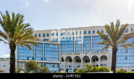 Universität von Algier 3. Fakultät für Informationswissenschaften und Kommunikation Außeneingang und Frontfassade. Namensschild in arabischer und französischer Sprache. Palme Stockfoto