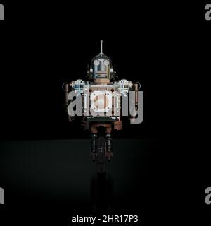 Roboter isoliert auf schwarzem Hintergrund 3D Abbildung Stockfoto