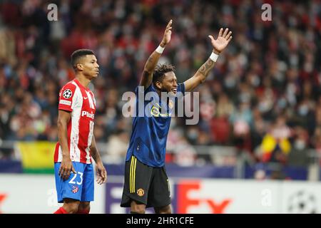 Madrid, Spanien. 23rd. Februar 2022. Fred (Manu) Fußball/Fußball : UEFA Champions League Runde mit 16 1st Beinabenden zwischen Culb Atletico de Madrid 1-1 Manchester United im Estadio Metropolitano in Madrid, Spanien . Quelle: Mutsu Kawamori/AFLO/Alamy Live News Stockfoto