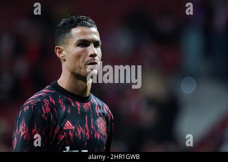 Madrid, Spanien. 23rd. Februar 2022. Cristiano Ronaldo von Manchester United erwärmt sich vor der UEFA Champions League-Runde von Sixteen Leg One zwischen Atletico Madrid und Manchester United am 23. Februar 2022 in Wanda Metropolitano in Madrid, Spanien. Kredit: SOPA Images Limited/Alamy Live Nachrichten Stockfoto