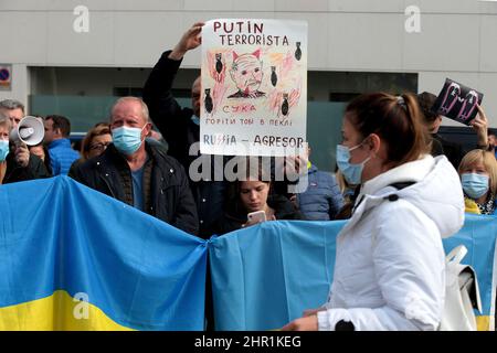 Madrid, Spanien. 24th. Februar 2022. Madrid, Spanien, 24.02.2022.- Javier Bardem, Oscar-Kandidat, unterstützt ukrainische Demonstranten. Mehr als hundert Ukrainer demonstrieren vor der russischen Botschaft im Königreich Spanien nach dem Angriff der russischen Armee auf die Ukraine. Quelle: Juan Carlos Rojas/dpa/Alamy Live News Stockfoto