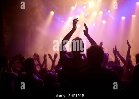 Rock on. Rückansicht eines Musikfans, der bei einem Musikkonzert mit erhobenen Armen tanzt. Stockfoto