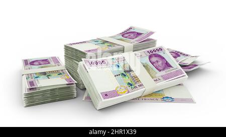 3D Darstellung von Stack von 10000 zentralafrikanischen CFA-Franc-Noten. Auf weißem Hintergrund isolierte Bündeln zentralafrikanischer Währungsscheine Stockfoto
