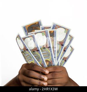 Schwarze Hände mit 3D gerendert 10000 Zentralafrikanische Cfa-Franc-Noten. Nahaufnahme der Hände mit Cfa-Franc-Währung Stockfoto