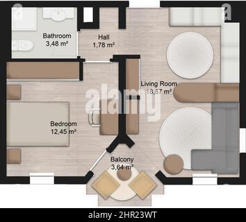 Architekturplan einer möblierten Wohnung, farbige Blaupause-Darstellung, Projekt der 1+1 Wohnung, Draufsicht einer Wohnung, 2D Aquarelllayout Stockfoto