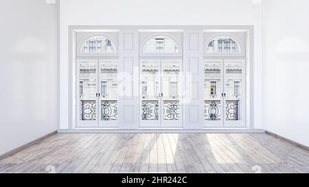 Leerer Raum 3D Rendering, modernes helles weißes Wohnzimmerdesign, 3D Visualisierung, Hintergrund Innenansicht, drei hohe gewölbte französische Fenster Stockfoto