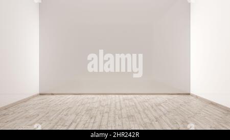 3D Leerraumdarstellung, weiße Wände mit Eichenholzboden, Leerraumvisualisierung, 3D Raumgestaltung, minimalistischer Render-Hintergrund Stockfoto