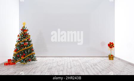 3D leerer Raum mit Weihnachtsbaum, Holzböden, weißen Wänden mit Kiefern, roten Geschenkschachteln, Goldbändern, weihnachtsdekoration dekoriert Stockfoto