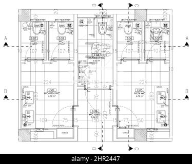 Grundrissentwurf eines öffentlichen wc, detaillierte technische Zeichnung des öffentlichen Toilettenprojekts, architektonisches Grundrisslayout, 2D Draufsicht Blaupause, CAD Stockfoto