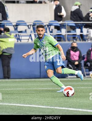 Seattle, WA, USA. 24.. Februar 2022. Seattle Sounders Mittelfeldspieler Cristian Roldan beim MLS-Fußballspiel zwischen dem FC Motagua und Seattle Sounders im Lumen Field in Seattle, WA. Die Sounders besiegten den FC Montagua 5-0. Steve Faber/CSM/Alamy Live News Stockfoto