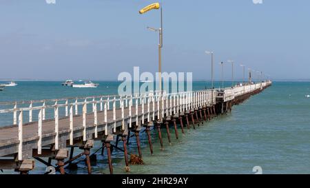 Der beachport-Anlegesteg mit Schraubstapel befindet sich am 18. 2022. Februar im Südosten südaustraliens Stockfoto