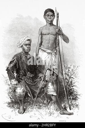 Djacko und Djoumah Charaktere aus einem zentralafrikanischen Stamm, Zentralafrika. Alte, gravierte Illustration aus dem 19.. Jahrhundert von der Reise von Sansibar nach Benguela von Verney Lovett Cameron, Le Tour du Monde 1877 Stockfoto