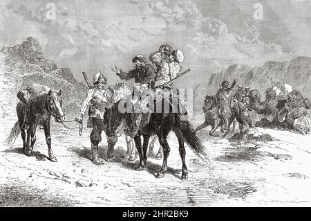 Die Rückkehr der Kosakendoldaten, Mongolei. Asien. Reise in die Mongolei von Nikolai Mijailovich Przewalski in den Jahren 1870-1873, Le Tour du Monde 1877 Stockfoto