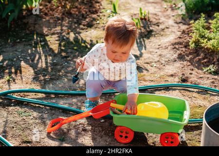 Ernte. Hübsches Kleinkind Mädchen spielt mit einem Kunststoff-Spielzeugwagen, setzen Gartengeräte in ihm. Draufsicht. Das Konzept der Gartenarbeit und Bildung Stockfoto